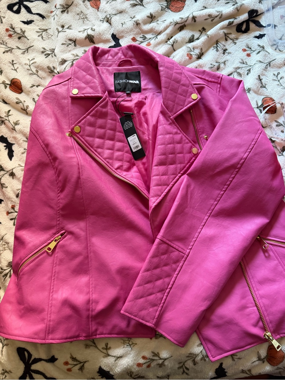 Fashion Nova Hot Pink Quilted Moto-Style Leather Jacket